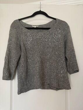 Eileen Fisher Gray Silver Sparkly Open Weave Scoop Neck 3/4 Sleeve Linen Sweater